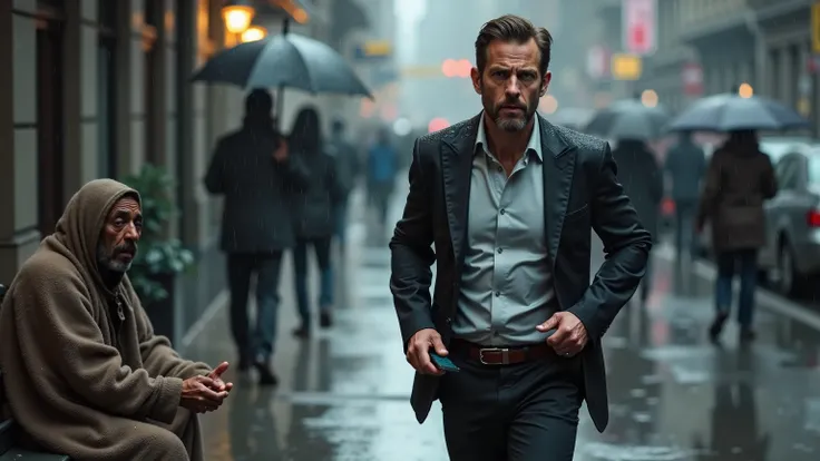 A rainy, gray city street scene with a wealthy, well-dressed man walking quickly through the rain, wearing a sleek designer suit and holding a phone. His face shows irritation as raindrops create small spots on his silk shirt. Nearby, a homeless man sits o...