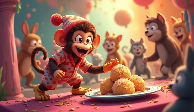  The detailed cartoon monkey, wearing a colorful pajama, hat, and shoes, with big, excited eyes, is reaching towards a plate full of rasgullas at the party. He looks very eager, and his facial expressions show the joy of getting to eat the sweets. The back...