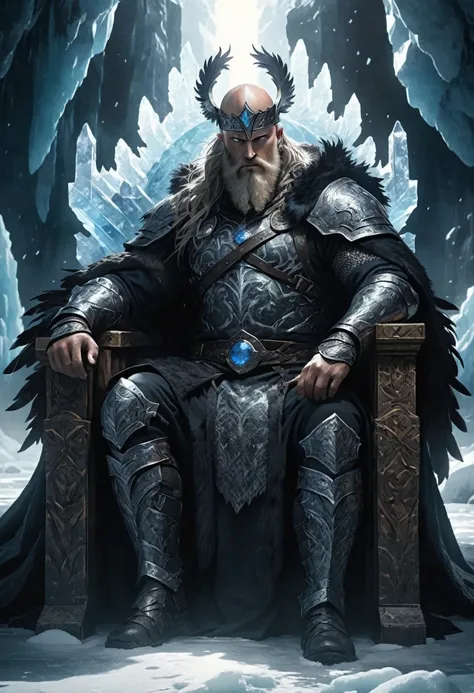 The image shows a majestic one-eyed king in the garb of Odin the Norse god in a Viking-inspired land of ice, bathed in dramatic lighting with chiaroscuro shadows that accentuate his amplified charisma and charismatic presence. His ruddy skin, long, thick b...