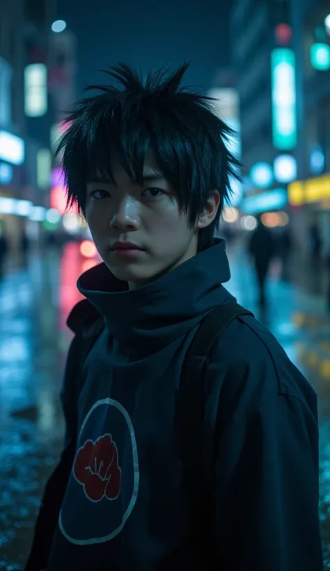 Sasuke Uchiha, age 16, portrait from chest to hips, wearing dark shinobi attire with the Uchiha clan symbol. Dark spiky hair falling over intense eyes, calm and focused expression. Rain droplets on his face and clothing. Cinematic lighting, with a cool, bl...