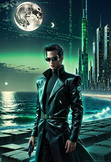 a man on the coast, looking at the horizon with a moon made by encryption in the style of the movie Matrix. futuristic, cyberpunk setting, Ilusão ótica, 