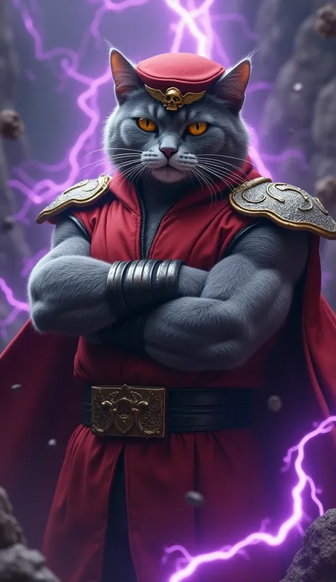 A muscular, fierce-looking warrior grey cat dressed in M. Bison’s classic red and black Street Fighter uniform, including a high-collared red coat, silver shoulder guards, and a matching red hat with a golden winged skull emblem. The cat stands floating wi...