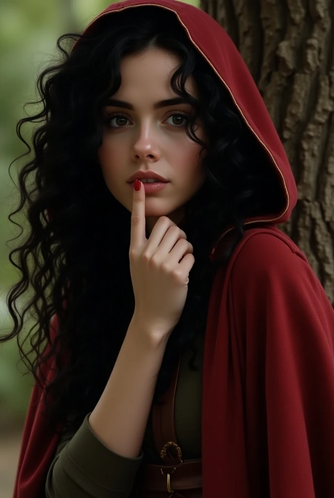 Lily Collins with black curly hair with red hood, medieval clothes, fingering herself as she hides behind a tree.