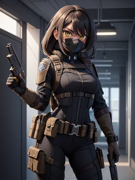 (masterpiece:1.2), best quality, high resolution, unity 8k wallpaper, (illustration:0.8), 1girl, solo, a woman in her mid-twenties, yellow eyes, tan-bronze skin, shoulder length hair, black hair, holding a gun in one hand, (Wearing: Metallic muzzle coverin...