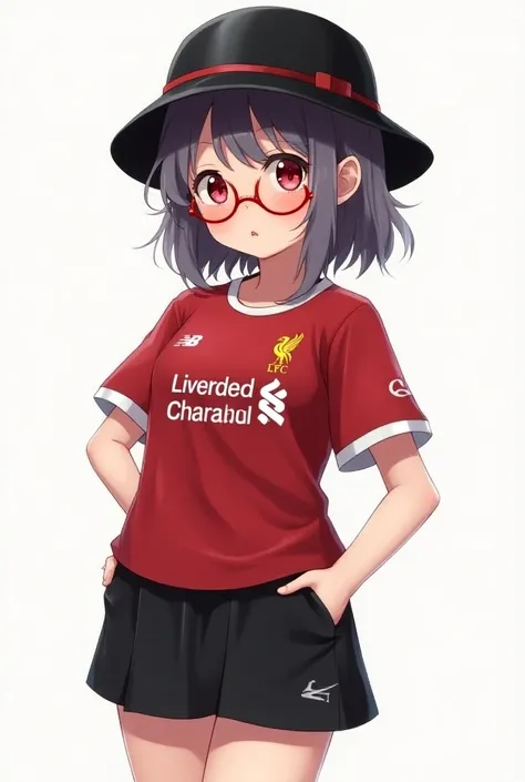 A loli from anime short black skirt with a Liverpool shirt,black bucket hat ,red aesthetic circular lenses,Plane looking straight ahead