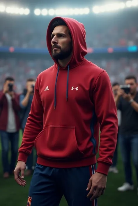 Create me an image of Lionel Andrés Messi wearing a hoodie , He must have a red hoodie on the upper part, a dark blue shorts typical of the Argentine national team and he must be in a soccer stadium and several people taking pictures of him