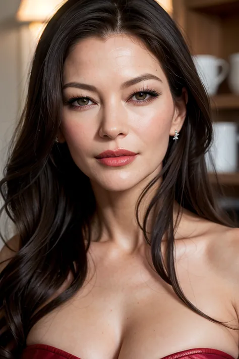 High resolution photograph, Gorgeous portrait of a Hollywood actress, (Catherine Zeta-Jones), long wavy hair, bright red lips, black eye shadow, charming smile, deep neckline, cafe, eye contact, looking at viewer, masterpiece, best quality, perfect detail, perfect face detail, perfect eye detail  , perfect skin detail, depth of field, perfect lighting