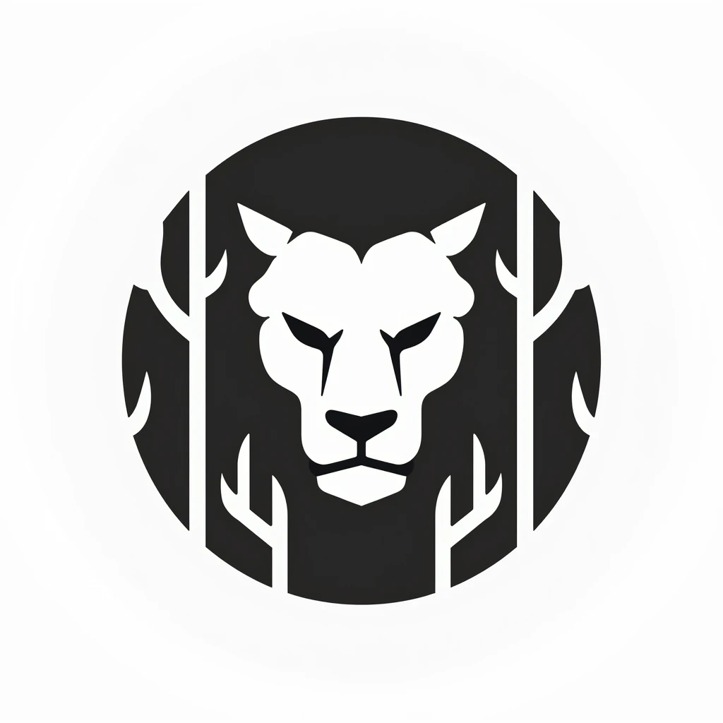 Create a minimalist, geometric logo for a brand named BosqueLeón, featuring a fierce, stoic lions face at the center, enclosed within a circular frame. The lion’s face should have a sharp, angular style, expressing strength and resilience. Surround the lio...