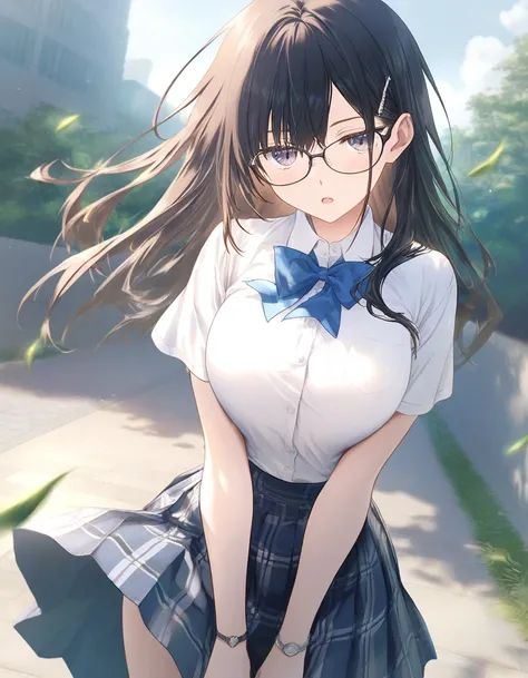 1girl, little female, school uniform, beautiful breasts, glasses, jitome, open mouth, sleepily, outdoors,wind, game CG break,((artist:shida_kazuhiro)),(artist:mitsumi_misato),(artist:fujiyama),,(masterpiece), (best quality), (ultra-detailed), very aestheti...