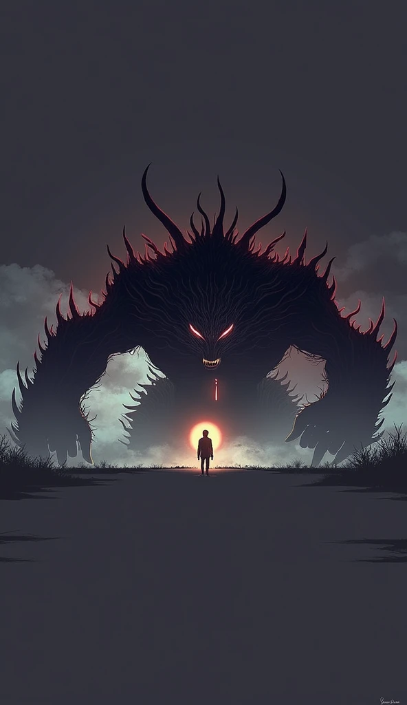 Create a monster like the one in the picture with special effects and a lot of dark gloom with red eyes and horns like the one in the picture and a simple little man looking at him from the back with his two full arms glowing like the sun 