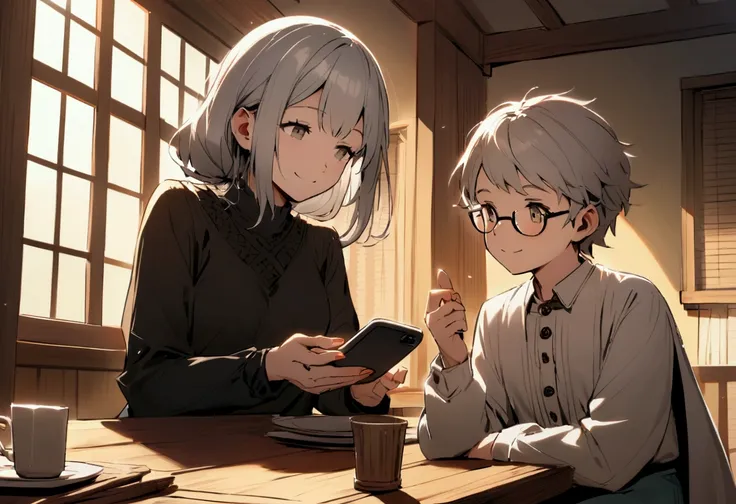  Heres a detailed prompt to generate that image :

	 A scene of two people sitting at the table in a quiet and joyful conversation. One of them,  an elderly person with gray hair and glasses ,  wears simple clothes and looks relaxed ,  listening with a smi...