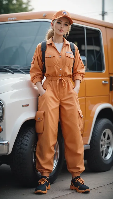 Female rescue worker 、Orange jumpsuit、Fire truck in the background