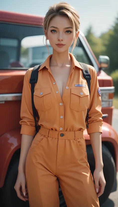 Female rescue worker 、Orange jumpsuit、Fire truck in the background