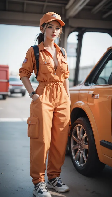 Female rescue worker 、Orange jumpsuit、Fire truck in the background