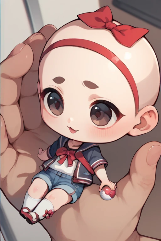 Vibrator remote control in hand,  score_9,  score_8_up,  score_7_up,  score_6,  score_5_up,  score_4_upanime break， a very young girl ，cute, Chibi，Tiny, ball, Bald, Hairless,  red ribbon on her head ,  dark eyes