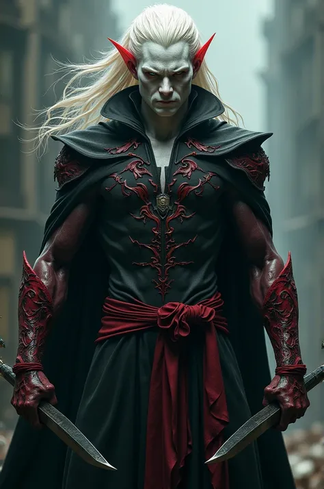 A half-human killer and demon white-skinned man with 1 . 98 tall white hair with red locks wearing black and red clothes and using two spears 