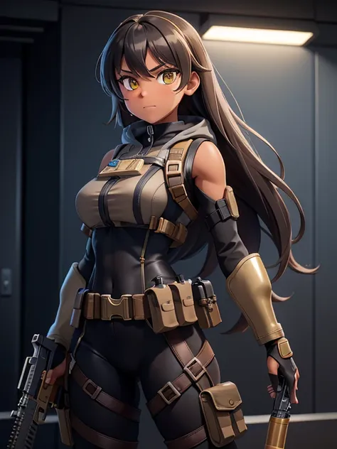 (masterpiece:1.2), best quality, high resolution, unity 8k wallpaper, (illustration:0.8), 1girl, solo, a woman in her mid-twenties, yellow eyes, tan-bronze skin, shoulder length hair, black hair, holding a gun in one hand, (Wearing: Metallic muzzle coverin...