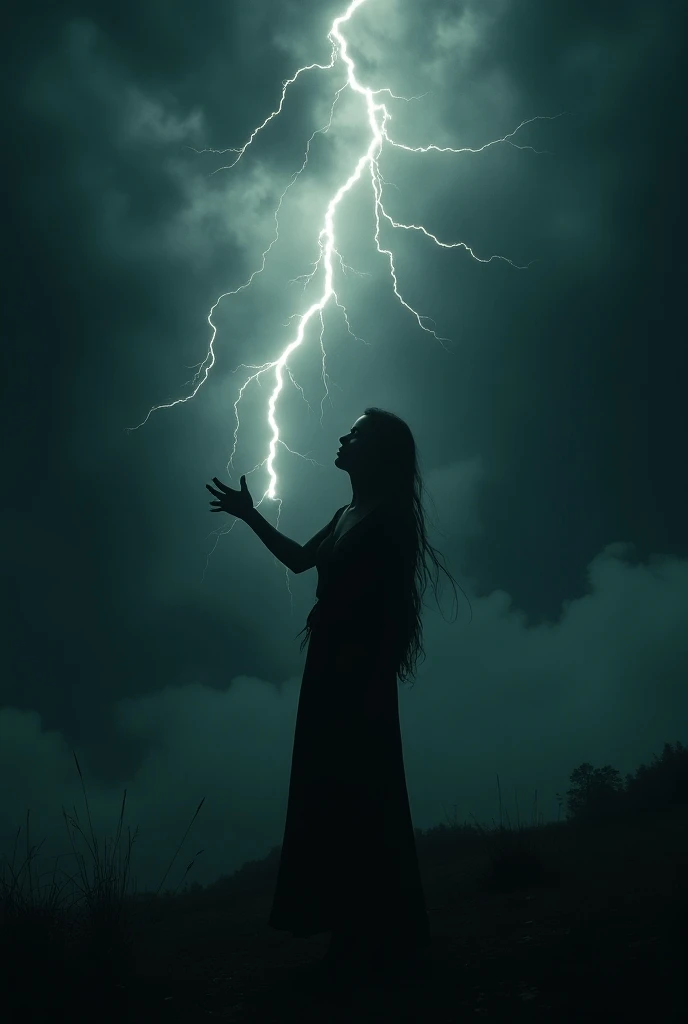 A solitary figure standing in a dark, stormy night. A bolt of lightning strikes in the background, casting a dramatic glow on the figures face, which is filled with a mix of awe, fear, and exhilaration. The figure could be reaching out towards the lightnin...