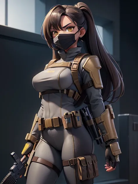 (masterpiece:1.2), best quality, high resolution, unity 8k wallpaper, (illustration:0.8), 1girl, solo, a woman in her mid-twenties, yellow eyes, tan-bronze skin, shoulder length hair, black hair, holding a gun in one hand, (Wearing: Metallic mask covering ...