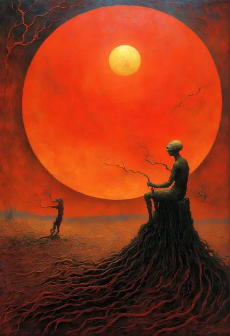 Mythical creatures, author： Dzislaw Beksinski and Vincent van Gogh, Red Moon and Burning Dead 、universe