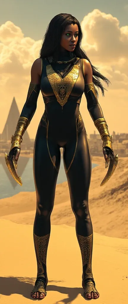 Create a detailed character illustration of “Basteta,” a swift and agile warrior inspired by the ancient Egyptian goddess Bastet. Basteta wears a form-fitting armor that combines traditional Egyptian motifs with modern combat gear. Her outfit includes a sl...