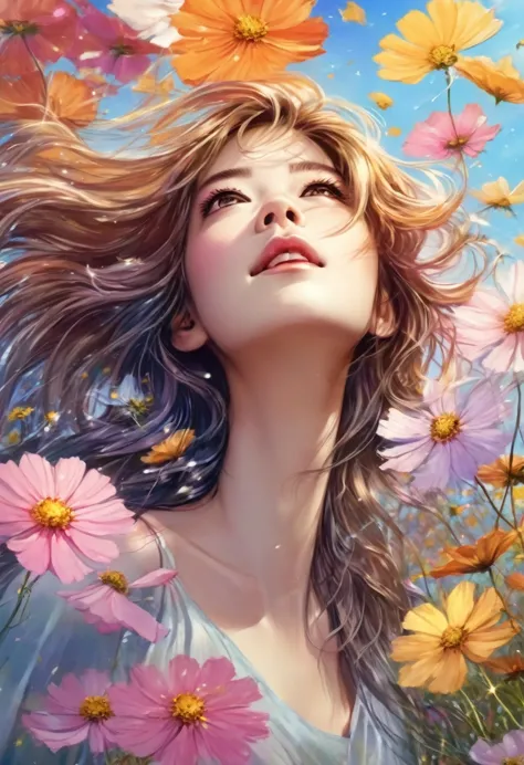 masutepiece, top-quality, a woman, hair sways in the gentle breeze, autumn sky and beautiful cosmos flowers, looking up at the sky, sunny day, 