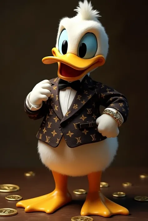 donald duck wears louis vuitton with bitcoin coins Rolex watch and diamond jewelry