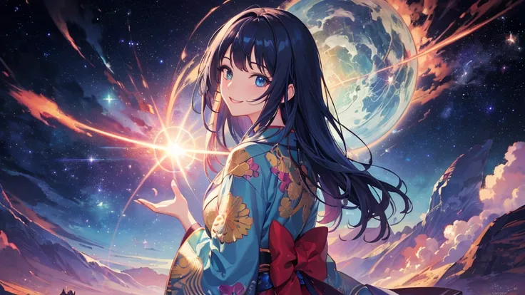 (((Wallpaper 8k CG,masterpiece,Best Quality))),Anime Style,((Super Detailed Woman1,super smile)),Fantastic rainbow reflective shine,Super detailed face,beautiful eye,japanese kimono,nature,Calm,nebula,right blue hair,woman who turns her back on her husband...