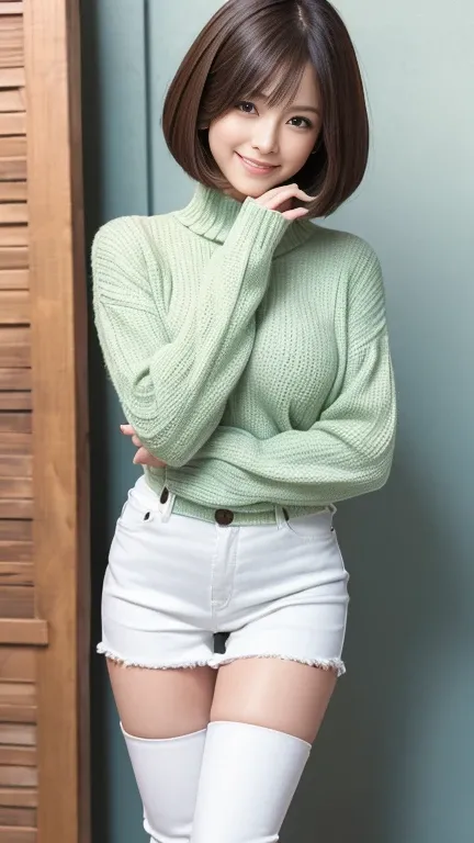 (top-quality,8k,​masterpiece),   5 anatomically correct fingers  と手,1 green color :1.5,  5 anatomically correct fingers  ,１  Japanese woman in a modest way , hair is bob cut and short hair  :1.5, claw pose:2.0,  white fitted fat denim pants and sweater for...