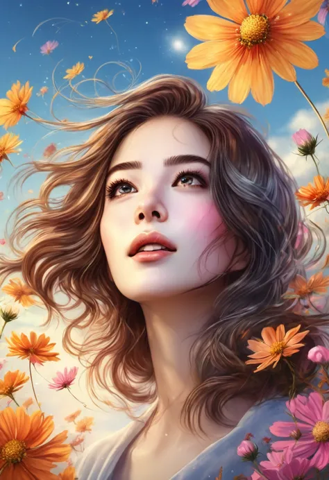 best quality, high resolution, ultra detailed, realistic, a woman, hair sways in the gentle breeze, autumn sky and beautiful cosmos flowers, looking up at the sky, sunny day, 