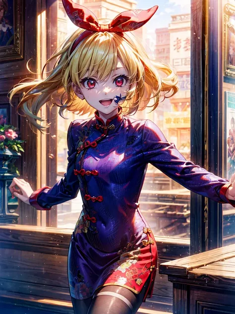 (RED Ribbon on HAIRband:1.2),(masterpiece, best quality), (bishoujo:1.3),UltraSmile, 1girl, ((looking_at_viewer)), depth of field,China Cheongsam, random Color Clothes
BREAK,
1girl,
************,
red eyes,
Blonde hair,
BREAK,
(Fighting pause),
(full face),...