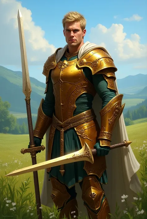 Create magic the gathering style a man with short golden hair with blue eyes wearing metallic bronze armor with ornaments holding a metallic bronze sword with ornaments in a green meadow 