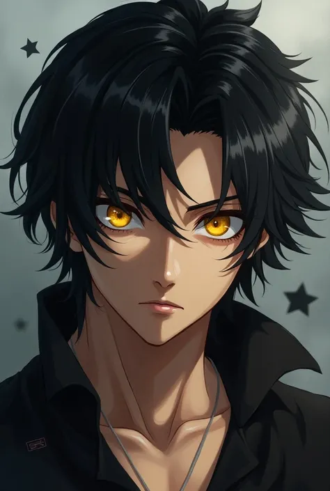  Handsome teenage young man from anime.  Long black hair and yellow eyes. Brave and big
