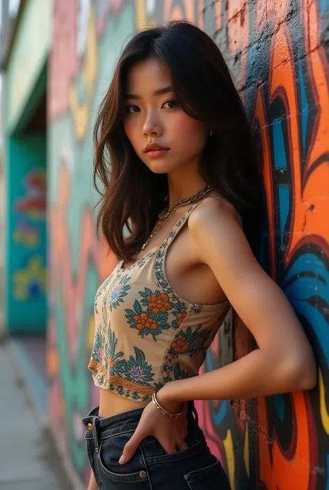 A modern Asian girl is captured in an urban setting, confidently leaning against a vibrant graffiti wall. She wears a stylish streetwear outfit, symbolizing the fusion of traditional and contemporary culture. The colorful, dynamic background enhances her i...