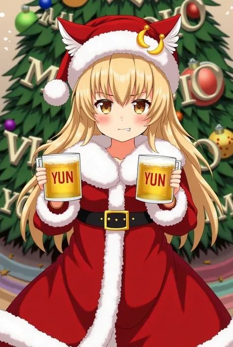  blond cat-eared girl is cosplaying as Santa。Holding a beer in both hands。 with the letters YUN in the beer glass 。 crescent motif on the earrings 。There is a tree in the background 、There are large MYO letters on the decoration 。