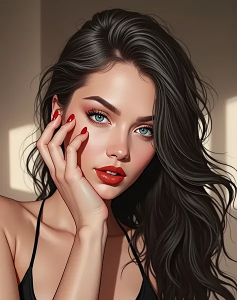  Realistic illustrated image beautiful young woman ,  long jet-black hair , SAPPHIRE BLUE EYES, white tea,  fleshy red lips ,  beautiful and perfect face, russian woman, The most beautiful face in the world,  of the most beautiful beauty in the world , 26 ...