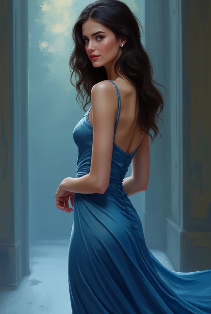  realistic illustration of realistic oil painting , arte digital, From a woman, 25 years old, European traits, porcelain skin,very bright, has The Dark Brown Horse , features of Megan fox , she is dressed in a silver blue dress ,  that highlight her curves...