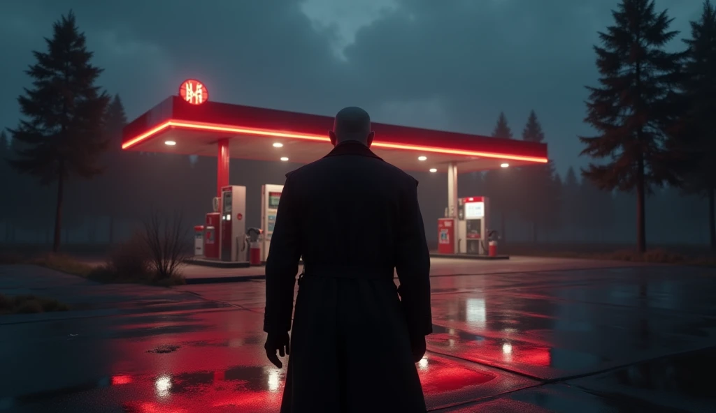 A cinematic night scene featuring a hitman 3 game character  in a dark trench coat standing near a gas station. The atmosphere is mysterious and intense, with deep shadows and soft ambient lighting. The distant gas station is illuminated by bright red neon...