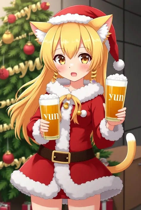  blond cat-eared girl is cosplaying as Santa。Holding a beer in both hands。 with the letters YUN in the beer glass 。 crescent motif on the earrings 。There is a tree in the background 、The decoration has large 　 MYO letters。