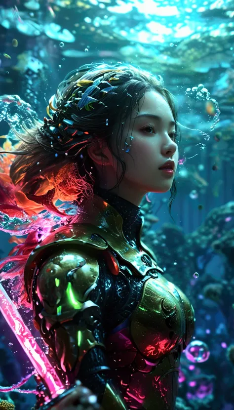 A beautiful samurai girl, swimming gracefully underwater in a futuristic sci-fi scene, with vibrant art style, vivid colors, dramatic lighting, and mecha elements, (best quality,4k,8k,highres,masterpiece:1.2),ultra-detailed,(realistic,photorealistic,photo-...