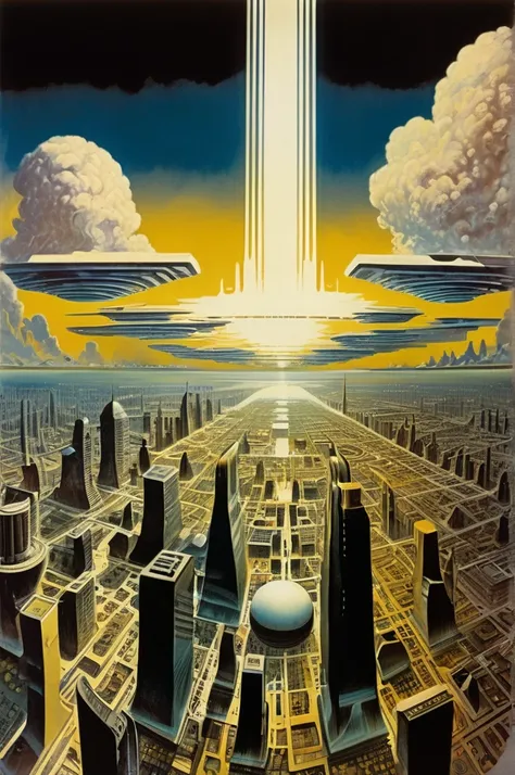 (Estilo Josh Kirby), aerial view Futuristic city ,  in the center a square with a water mirror reflected in the sky,  dark yellowish sky with large white clouds ,  1970s science fiction art in  ,  image filler , reflected light, 