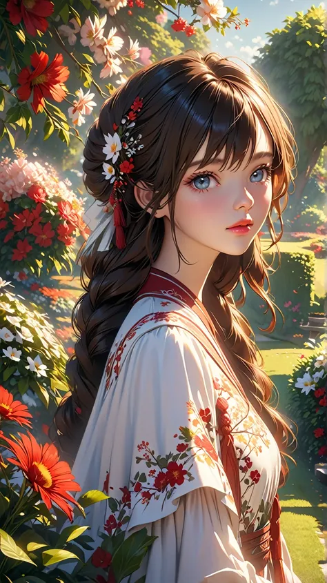 a beautiful detailed girl in a garden, detailed eyes, detailed lips, longeyelashes, intricate hair, ornate dress, garden scenery, lush foliage, blooming flowers, sunlight, warm color palette, cinematic lighting, vibrant colors, detailed textures, seamless ...