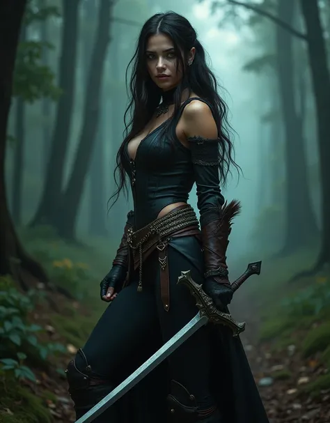  a stunningly beautiful and ferocious woman stands in a dimly lit,  mysterious forest .  She exudes a rebellious aura ., with her long,  flowing hair and eyes ,  sparkling with challenge .  Dressed in a combination of rough leather and elegant fabrics ,  s...