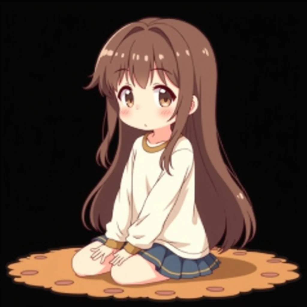 a girl sitting on cartoon floor with brown hair and white shirt standing in front of a black background, full length portrait of a!, Beautiful art style, anime style character, anime moe artstyle,  cartoon art style , Young anime girl, lindo personaje, hig...