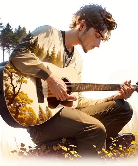 a man sitting on the ground  playing a guitar in front of a forest,  incredible composition, man  playing guitar ,  impressive composition , Singer - Songwriter, photorealistic  music album cover , Singer-songwriter,  playing guitar , the guitarist, music ...