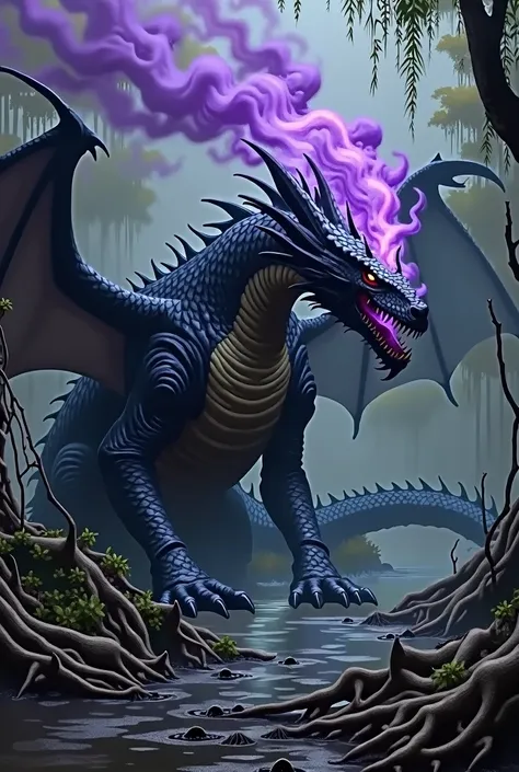 A black dragon with purple gas coming out of its mouth in the middle of a swamp with skeletons lying on its side
