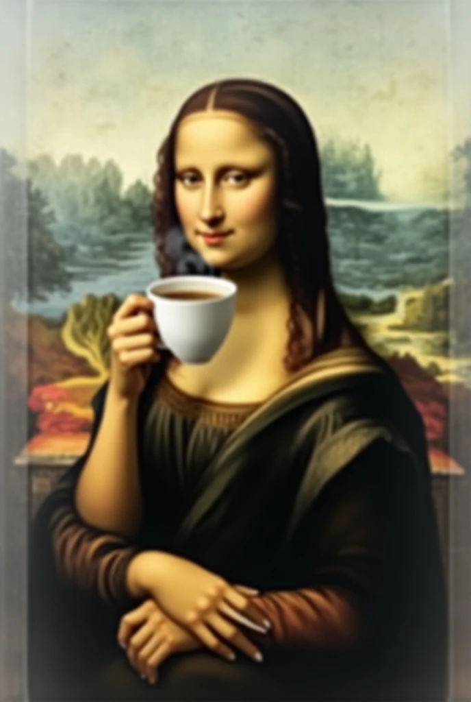 Image of the Mona Lisa drinking coffee with transparent background