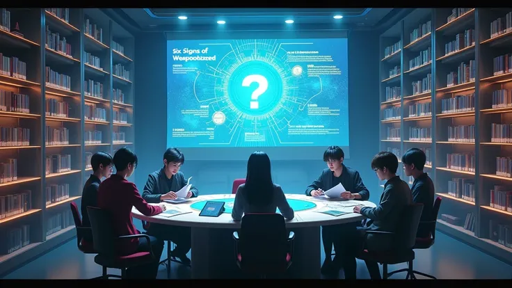 anime style: 
Incredibly realistic and highly detailed, realistic cinematic photo of very beautiful woman in her 30s
A futuristic library with floating books and interactive holographic displays. A central table is surrounded by individuals who are deeply ...