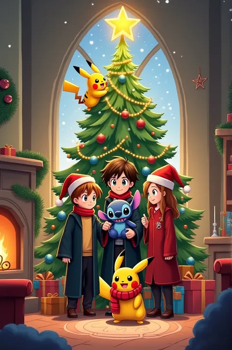 image of Harry Potter , hermione, ron, Pikachu and Stich ,  all wearing a Christmas hat next to a Christmas tree 