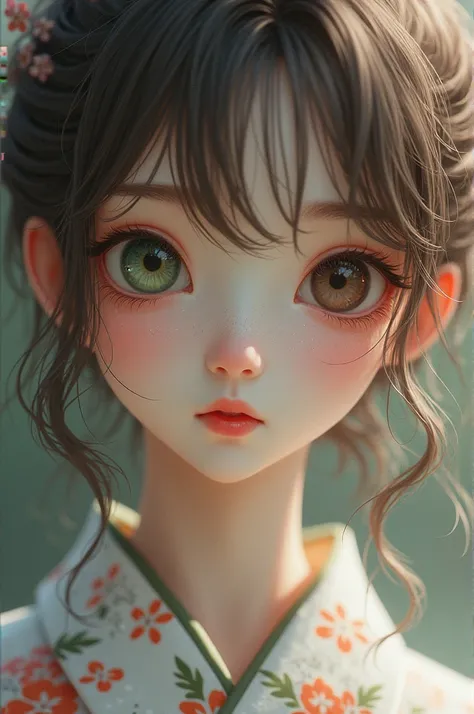 a japanese girl with hazel green right eye and brown left eye with a very very very white pale skin with a small red button nose with a big round downturned eyes with a red plump cupid bow lips and thin eyebrows with a very very very very light brown hair ...